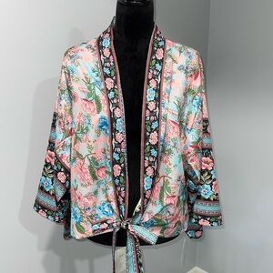 Floral Print Sashes Short Kimono Batwing Sleeves Bohemian Top One size NEW